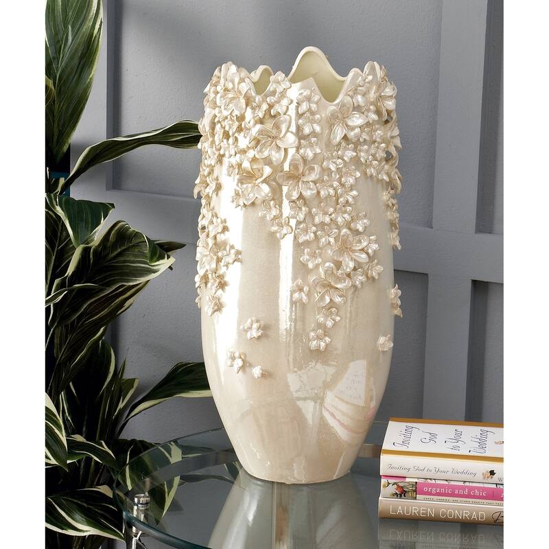 Cream Ceramic 3D Floral Decorative Vase with Iridescent Glaze