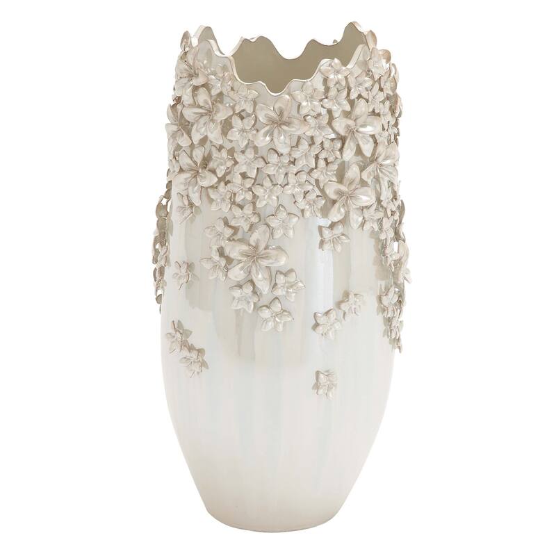 Cream Ceramic 3D Floral Decorative Vase with Iridescent Glaze