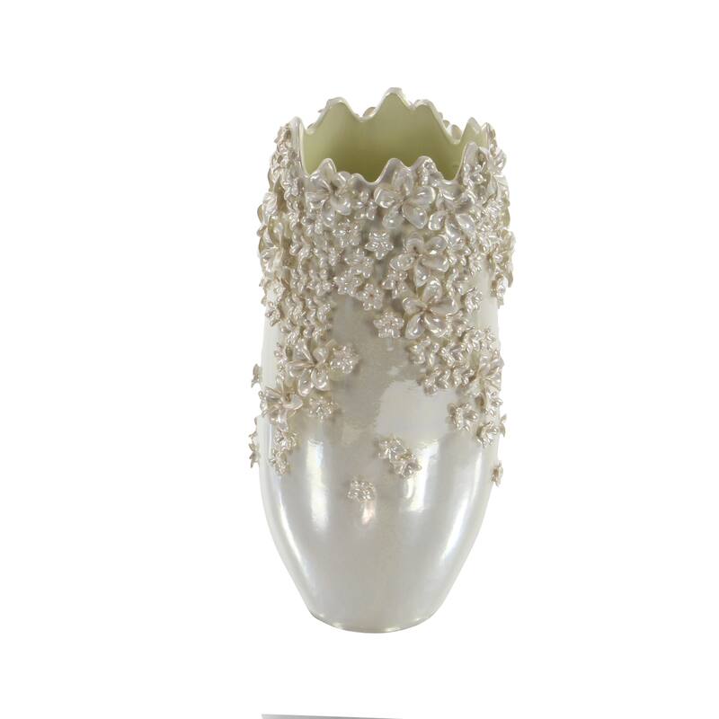 Cream Ceramic 3D Floral Decorative Vase with Iridescent Glaze