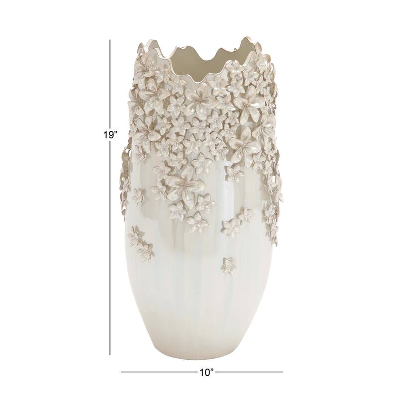 Cream Ceramic 3D Floral Decorative Vase with Iridescent Glaze