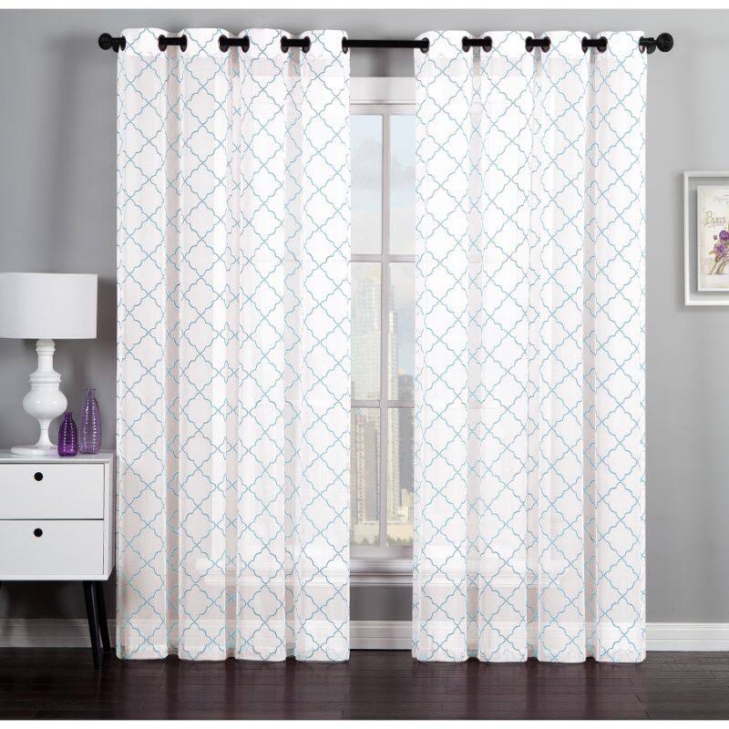 Artistic Linen Geometric Flocked Linen 84-inch Curtain Window Panel Pair