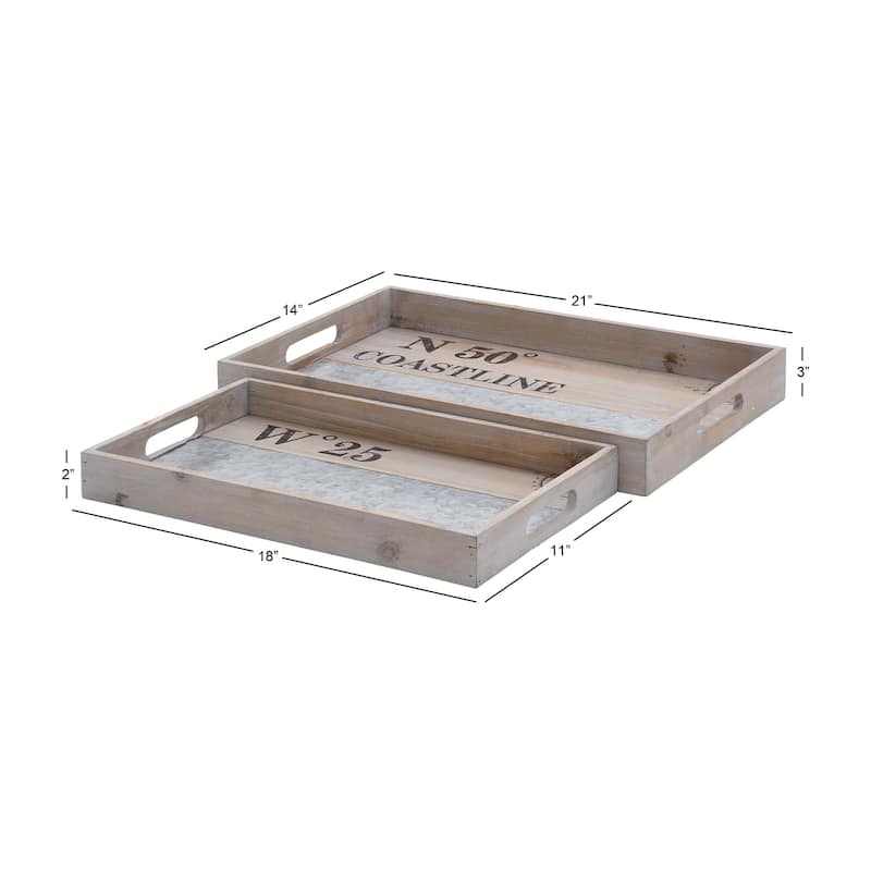Brown Wood Living Room Decor Tray with Metal Stripe (Set of 2) - S/2 21", 18"W