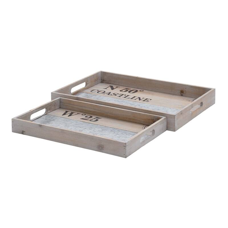 Brown Wood Living Room Decor Tray with Metal Stripe (Set of 2) - S/2 21", 18"W
