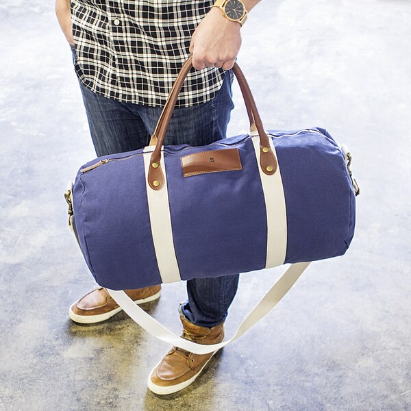 Shop Personalized Navy Canvas & Leather Duffle Bag - Free Shipping Today - Overstock - 12180474