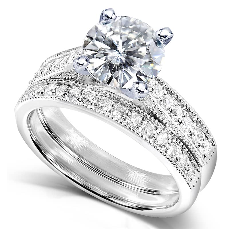 Annello by Kobelli 14k White Gold 1 1/2ct Round Moissanite and 1/3ct TDW Diamond Pave Milgrain Bridal Set