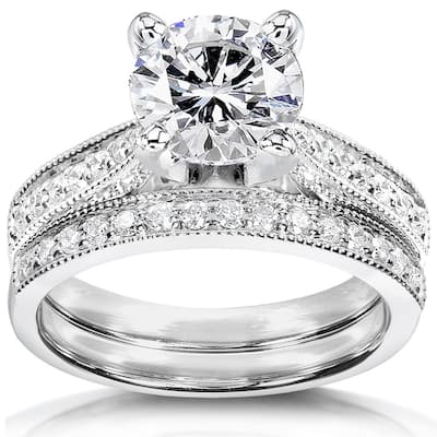 Annello by Kobelli 14k White Gold 1 1/2ct Round Moissanite and 1/3ct TDW Diamond Pave Milgrain Bridal Set