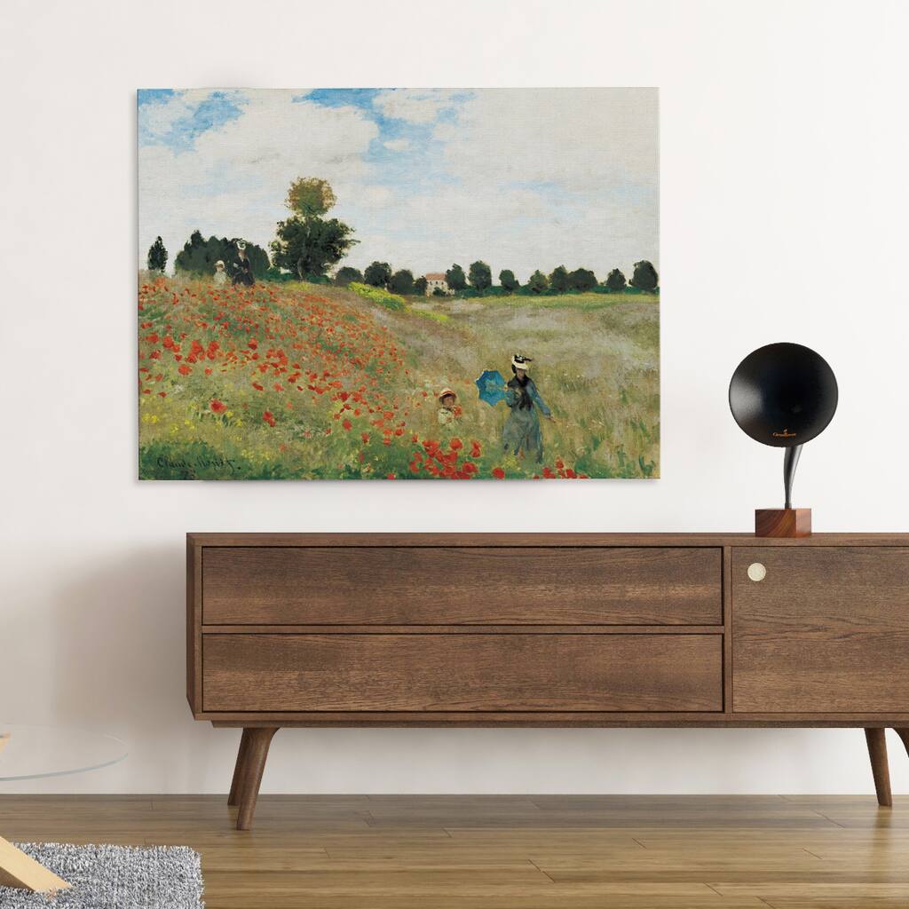 'Poppy Field' by Oscar-Claude Monet Framed Painting Print on Wrapped Canvas