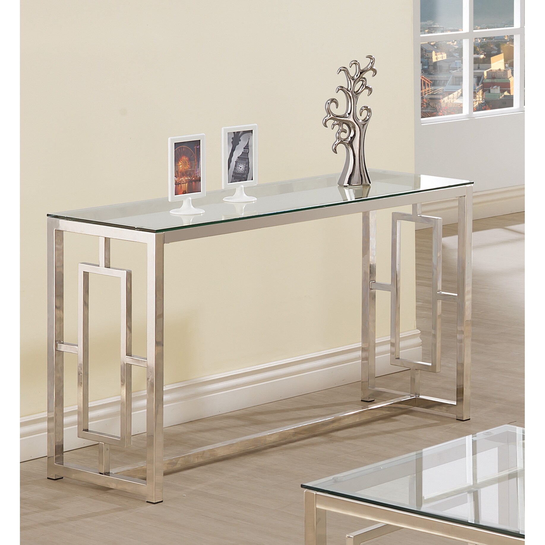 Silver Orchid Parker Glass Satin Metal Sofa Table