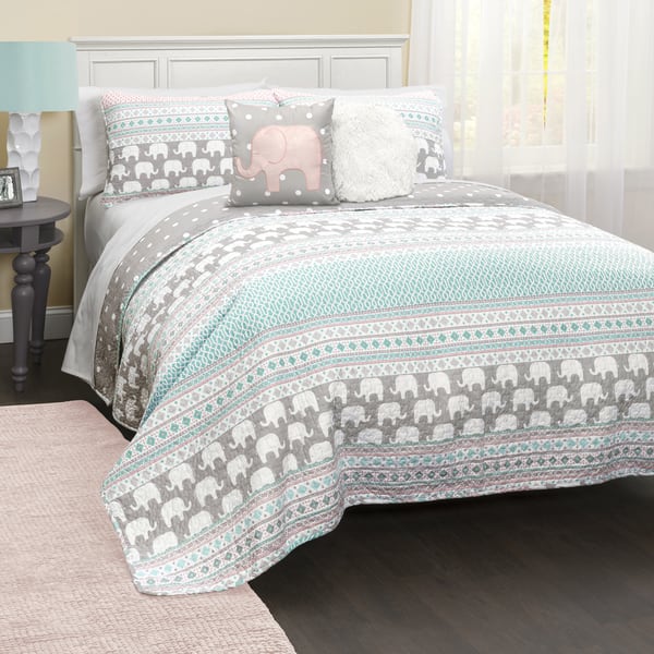 slide 2 of 14, Taylor & Olive Ever-Tru Elephant Stripe 5-piece Quilt Set Turquoise - Queen/Full - Queen/Full