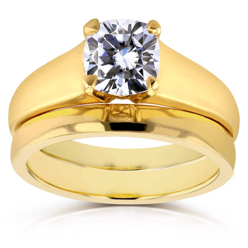 Annello by Kobelli 14k Yellow Gold 1 1/10ct Cushion Moissanite Classic Solitaire Bridal Set