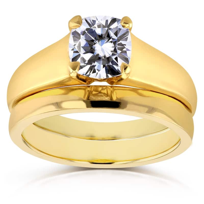 Annello by Kobelli 14k Yellow Gold 1 1/10ct Cushion Moissanite Classic Solitaire Bridal Set