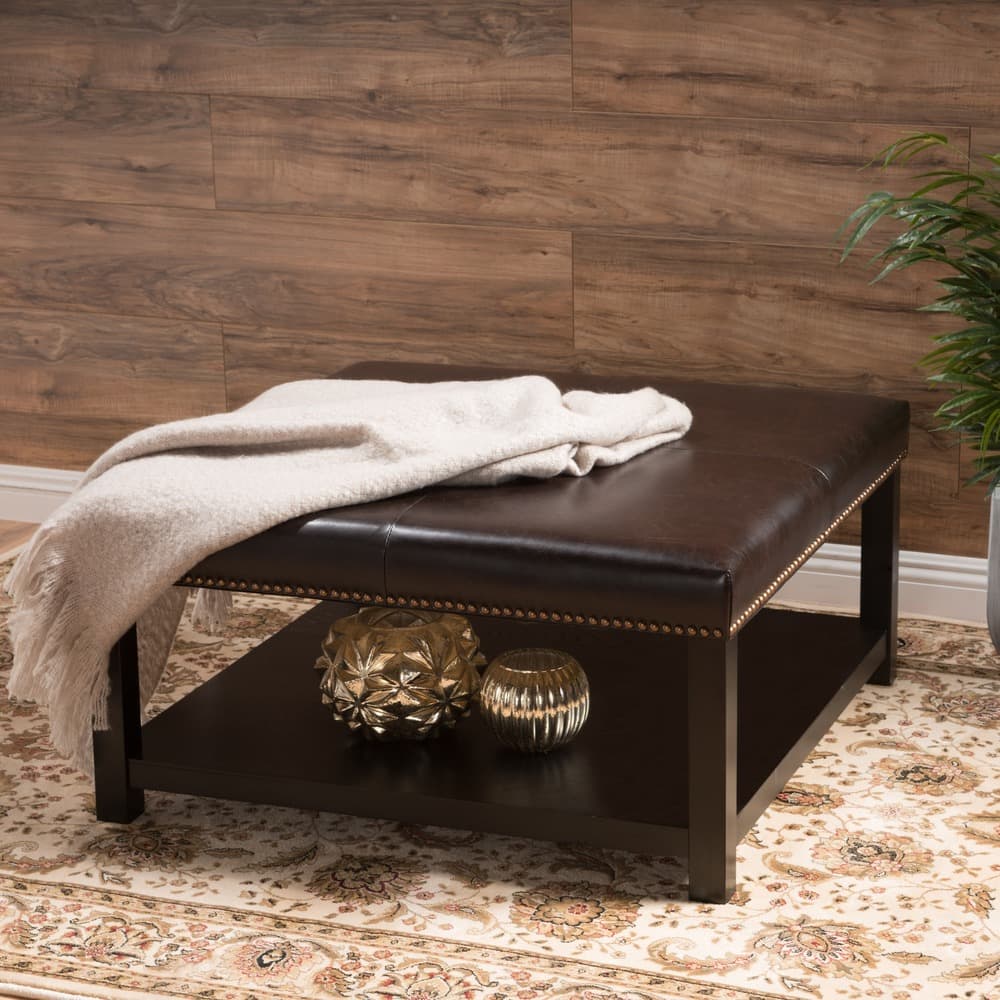 Avary Contemporary Upholstered Birch Wood Ottoman with Shelf by Christopher Knight Home - 34.25"L x 35.25"W x 18.25"H