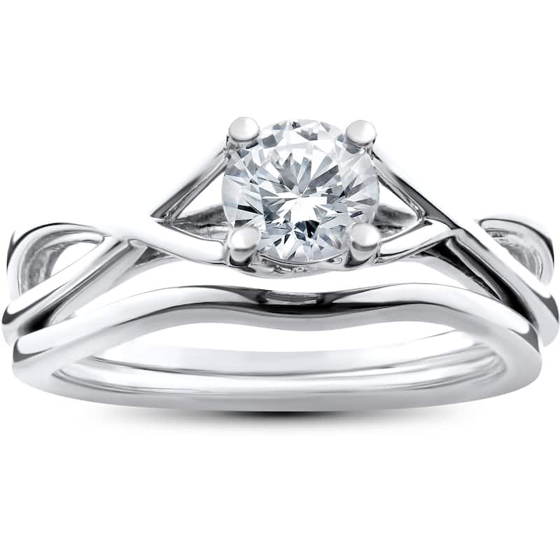 14k White Gold 1/2ct Intertwined Solitaire Diamond Engagement Ring Matching Wedding Band Set - 4