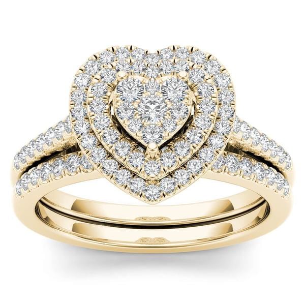 De Couer 14k Yellow Gold 1/2ct TDW Diamond Cluster Heart-Shaped Frame Bridal Set. Opens flyout.