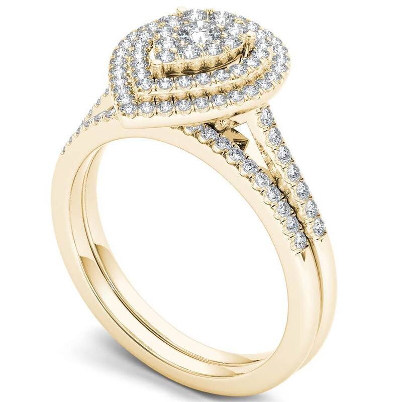 De Couer IGI Certified 14k Yellow Gold 1/2ct TDW Diamond Cluster Pear-Shaped Frame Bridal Set