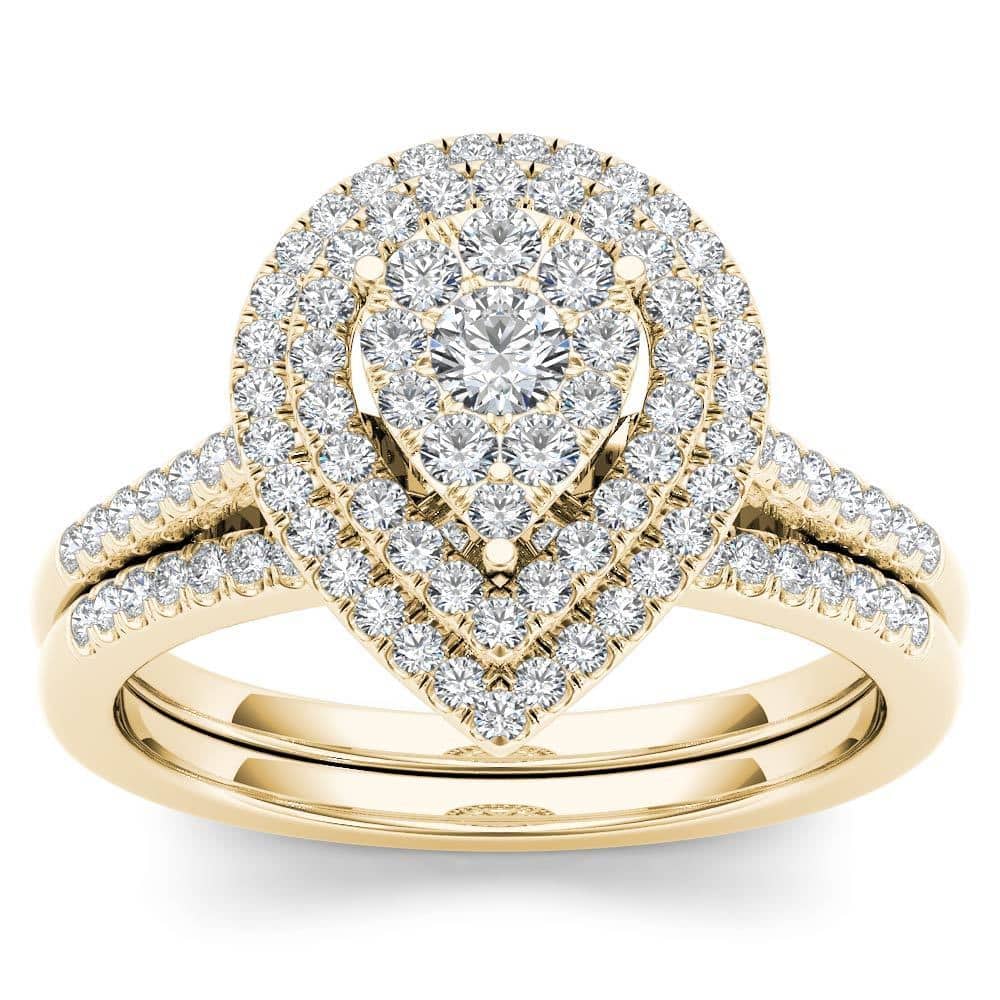 De Couer IGI Certified 14k Yellow Gold 1/2ct TDW Diamond Cluster Pear-Shaped Frame Bridal Set