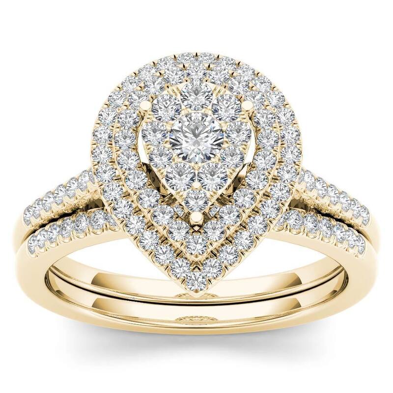 De Couer IGI Certified 14k Yellow Gold 1/2ct TDW Diamond Cluster Pear-Shaped Frame Bridal Set