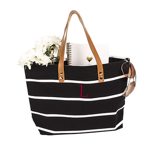Top Product Reviews for Personalized Black Striped Tote with Leather Handles - 12189167 - Overstock