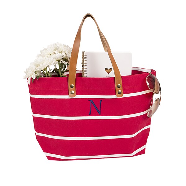 Shop Personalized Coral Striped Tote with Leather Handles - Overstock - 12189232