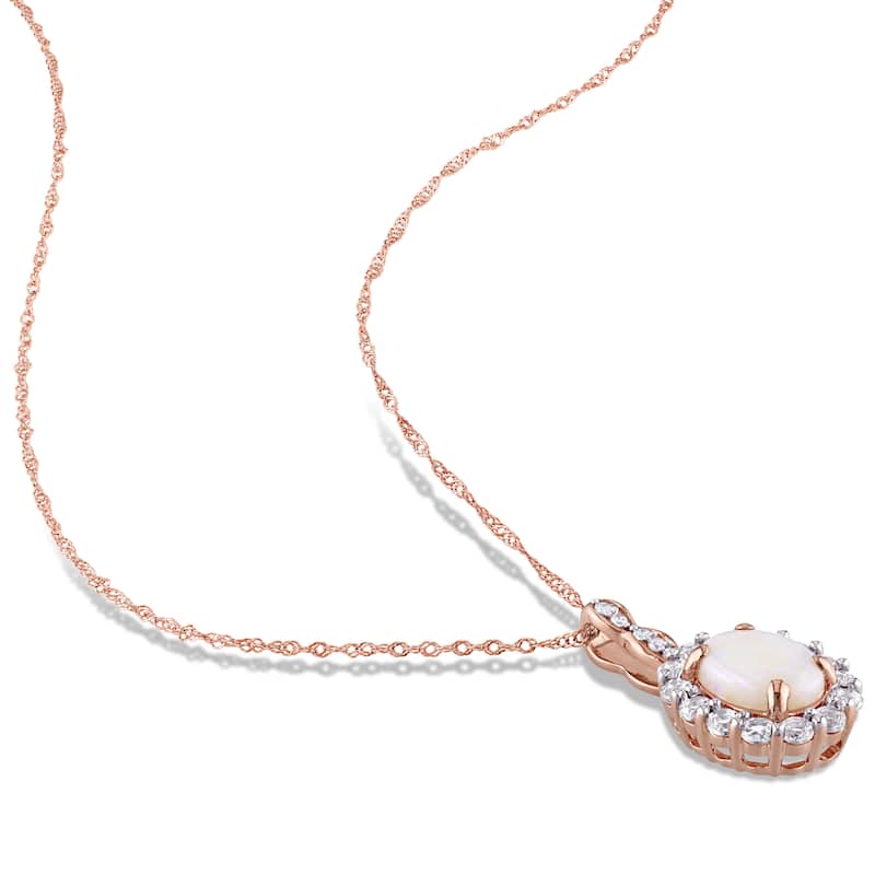 Miadora 14k Rose Gold Oval-cut Opal White Topaz and Diamond Accent Halo Necklace
