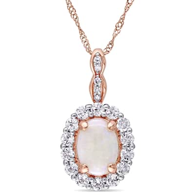 Miadora 14k Rose Gold Oval-cut Opal White Topaz and Diamond Accent Halo Necklace
