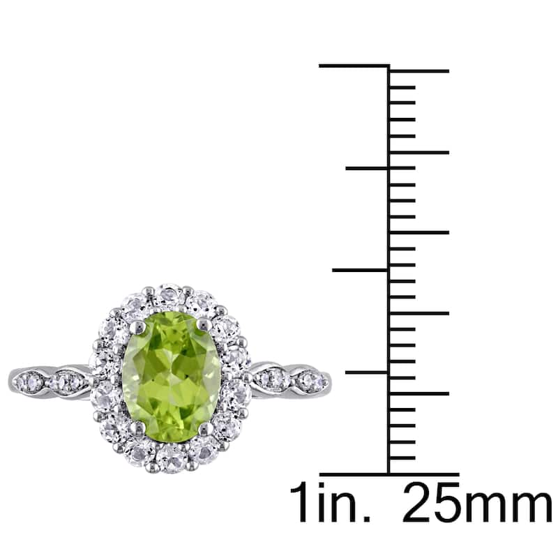 Miadora 14k White Gold Oval-cut Peridot White Topaz and Diamond Accent Halo Engagement Ring - Green