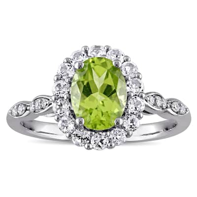 Miadora 14k White Gold Oval-cut Peridot White Topaz and Diamond Accent Halo Engagement Ring - Green