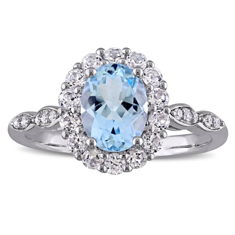 Miadora 14k White Gold Oval-cut Sky Blue Topaz White Topaz and Diamond Accent Halo Engagement Ring