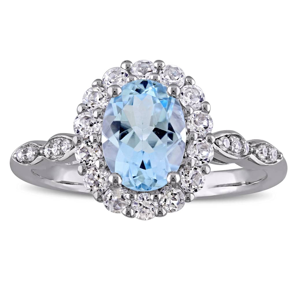 Miadora 14k White Gold Oval-cut Sky Blue Topaz White Topaz and Diamond Accent Halo Engagement Ring