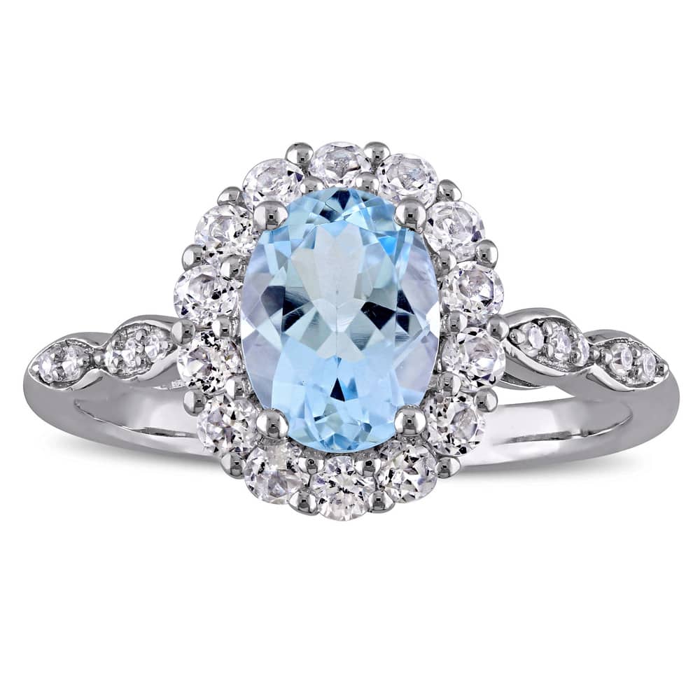 Miadora 14k White Gold Oval-cut Sky Blue Topaz White Topaz and Diamond Accent Halo Engagement Ring
