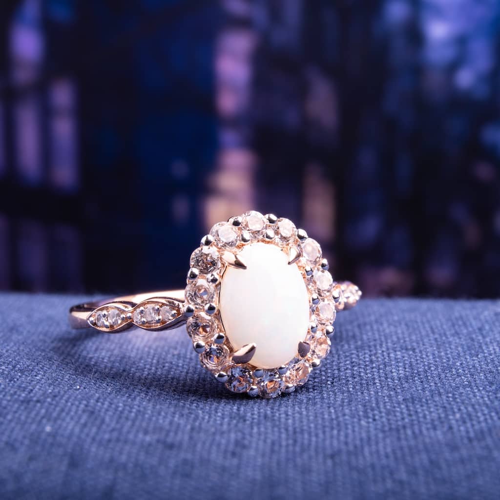 Miadora 14k Rose Gold Opal, White Topaz, and Diamond Accent Halo Engagement Ring