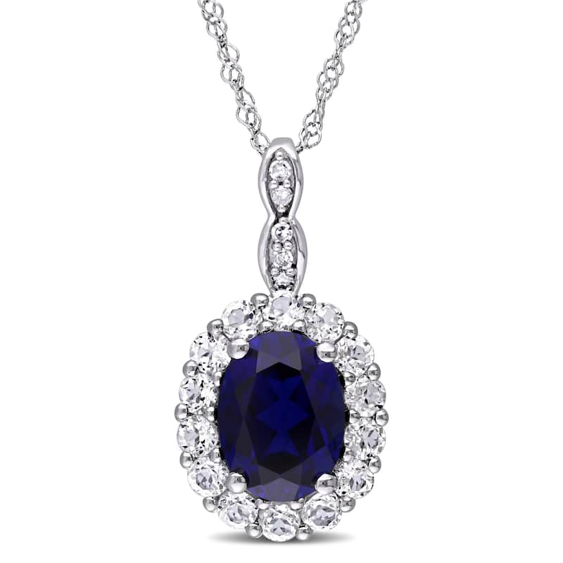 Miadora 14k White Gold Oval-cut Created Blue Sapphire White Topaz and Diamond Accent Halo Necklace