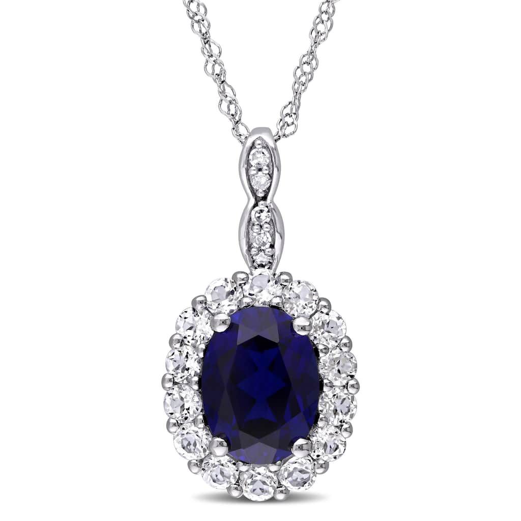 Miadora 14k White Gold Oval-cut Created Blue Sapphire White Topaz and Diamond Accent Halo Necklace