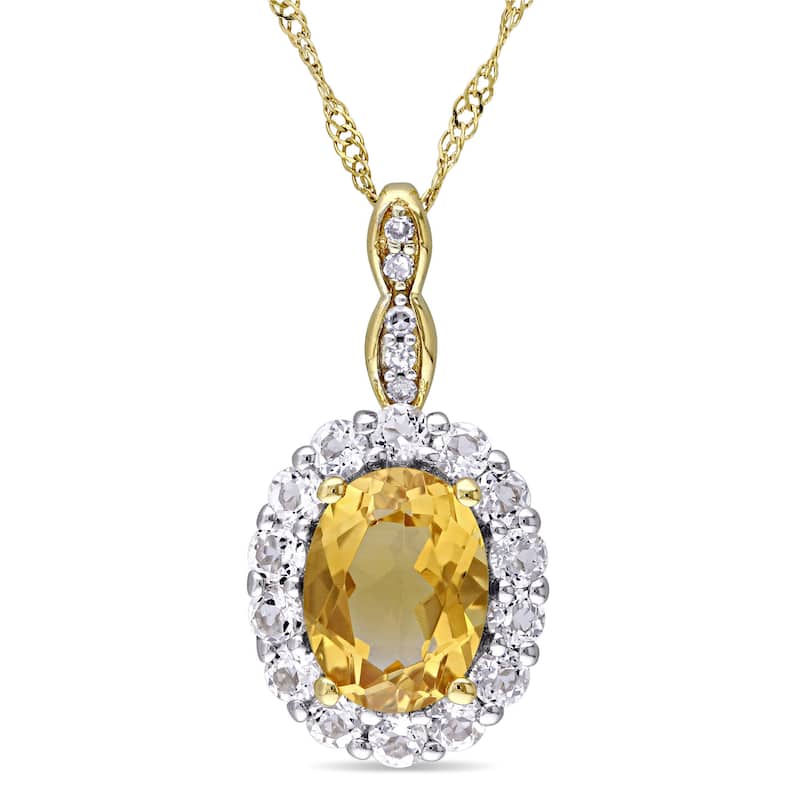 Miadora 14k Yellow Gold Oval-cut Citrine White Topaz and Diamond Accent Halo Necklace