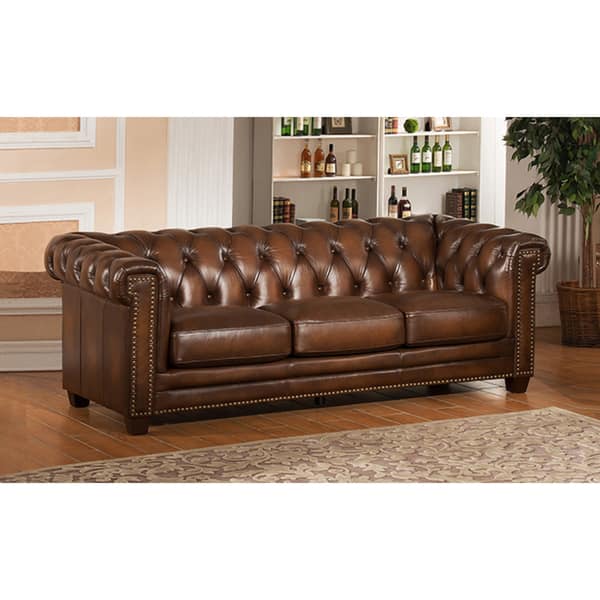 Shop Hickory Brown Genuine Hand Rubbed Leather Chesterfield Sofa