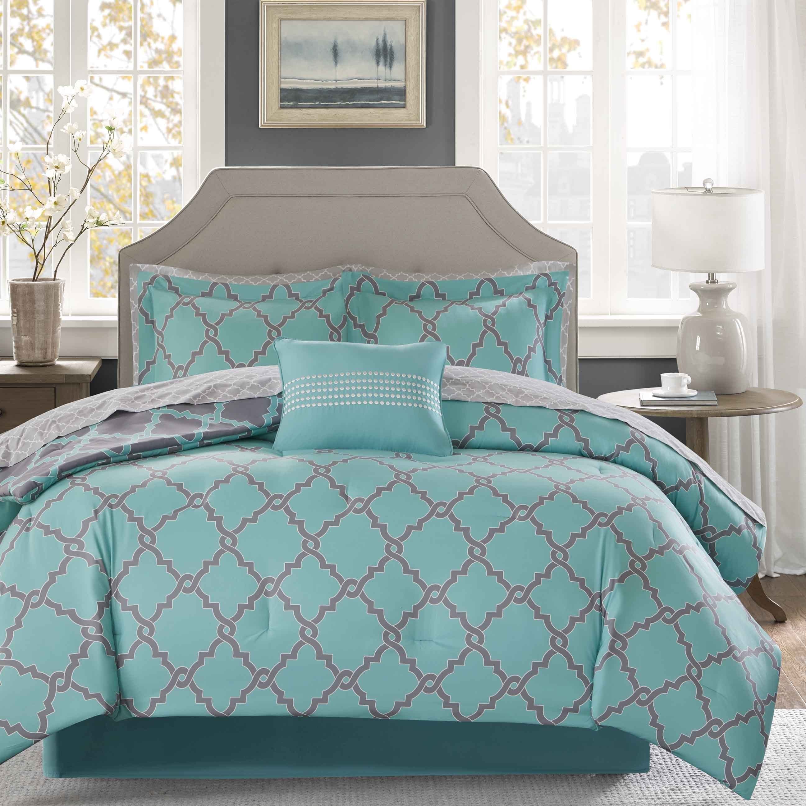 Shop Madison Park Essentials Concord Aqua Grey Reversible Complete Comforter And Cotton Sheet