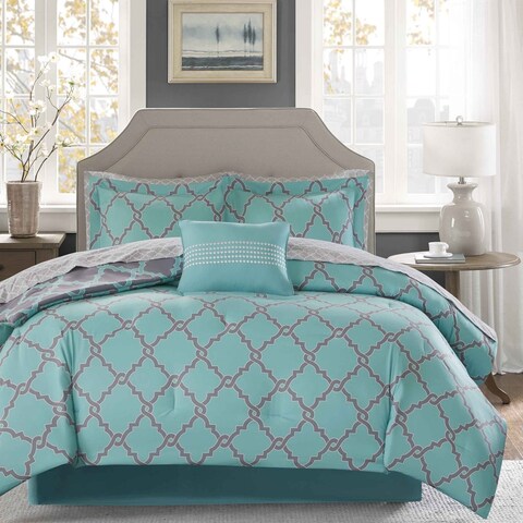 Madison Park Essentials Concord Aqua/ Grey Reversible Complete Comforter and Cotton Sheet Set