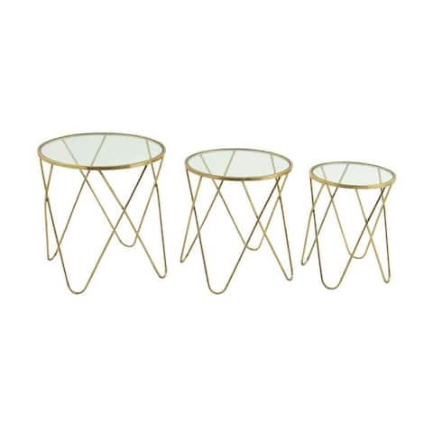 Gold Iron Metal And Glass Top Glam Contemporary Accent Table(Set of 3)