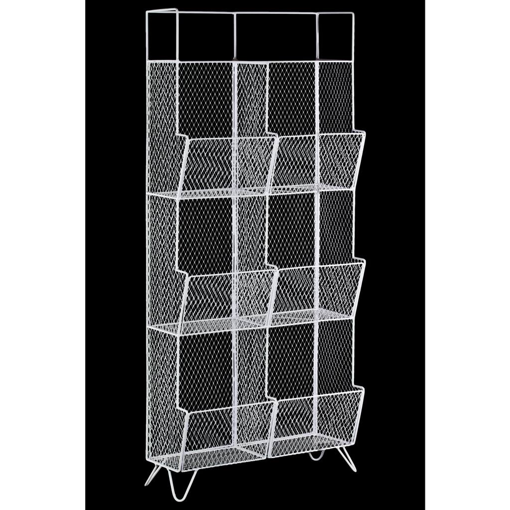 White Gloss Finish Metal Floor Shelf with 4 Tiers, Mesh Sides, 6 Storage Bins and 2 Top Shelves
