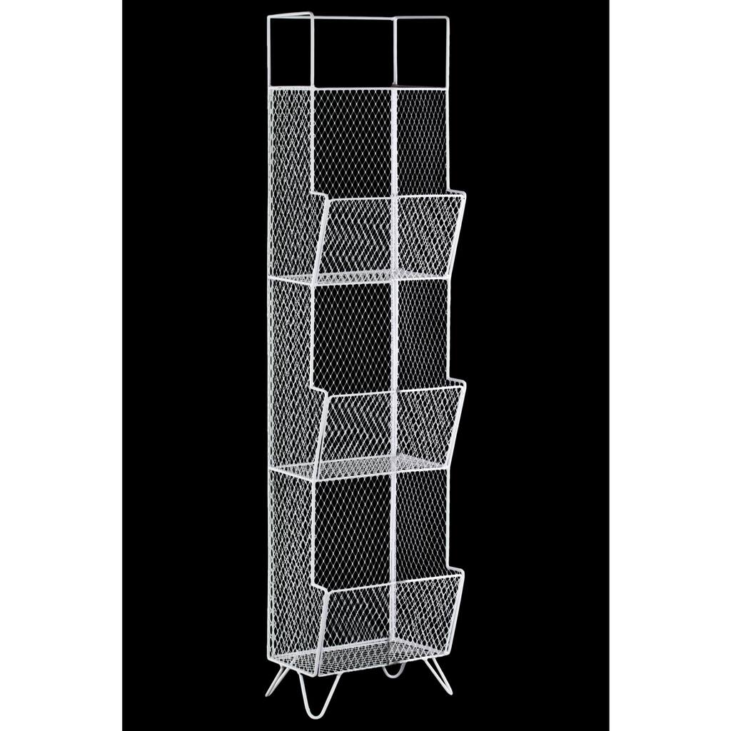 Metal Floor Shelf with 4 Tiers, Mesh Sides, 3 Storage Bins and 1 Top Shelf Gloss Finish White