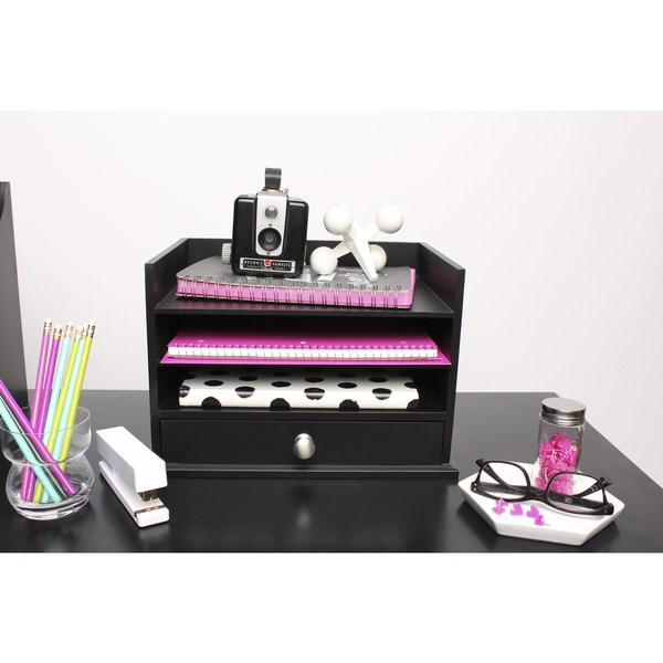Designovation Francesca Black Wood Desktop Decorative Letter Tray