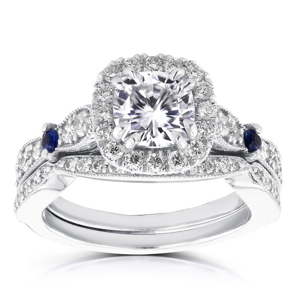 Annello by Kobelli 14k White Gold 1 1/6ct Brilliant Moissanite/ Sapphire/ 3/5ct TDW Diamond Halo Ant