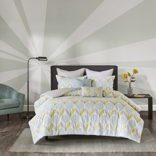 Urban Habitat Stella Aqua Cotton Printed 7-piece Duvet Cover Set