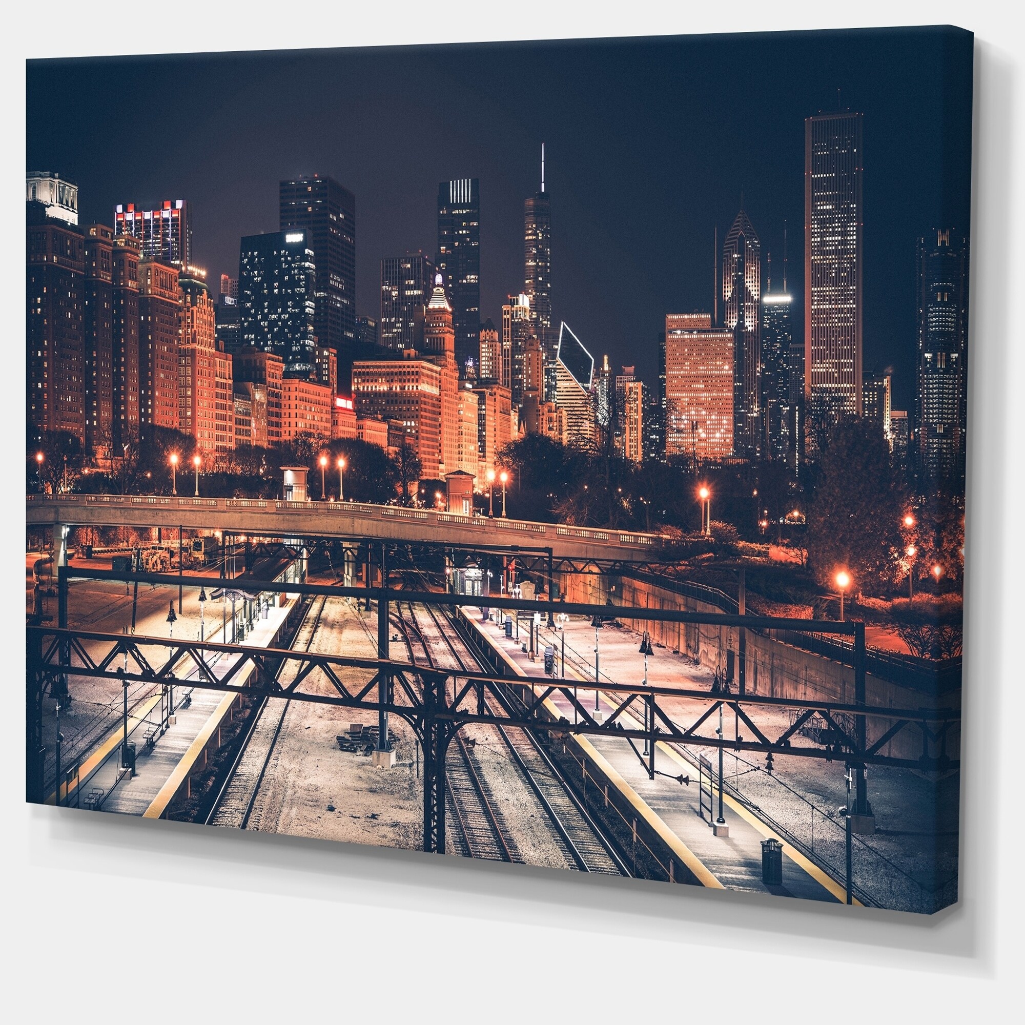 Dark Chicago Skyline And Railroad Cityscape Canvas Print Multi Color Today
