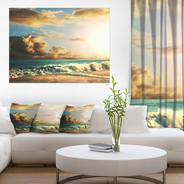 Green Sea Beach under Cloudy Sky - Modern Beach Canvas Art Print ...