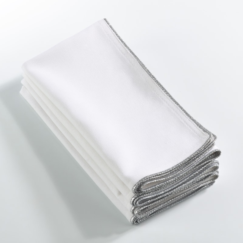 Luana Collection Metallic Trimmed Dinner Napkins (Set of 4) - Silver