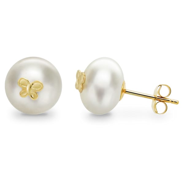 DaVonna 14k Yellow Gold Butterfly Charms 8-9mm Button Shape Freshwater Pearl Stud Earrings.
