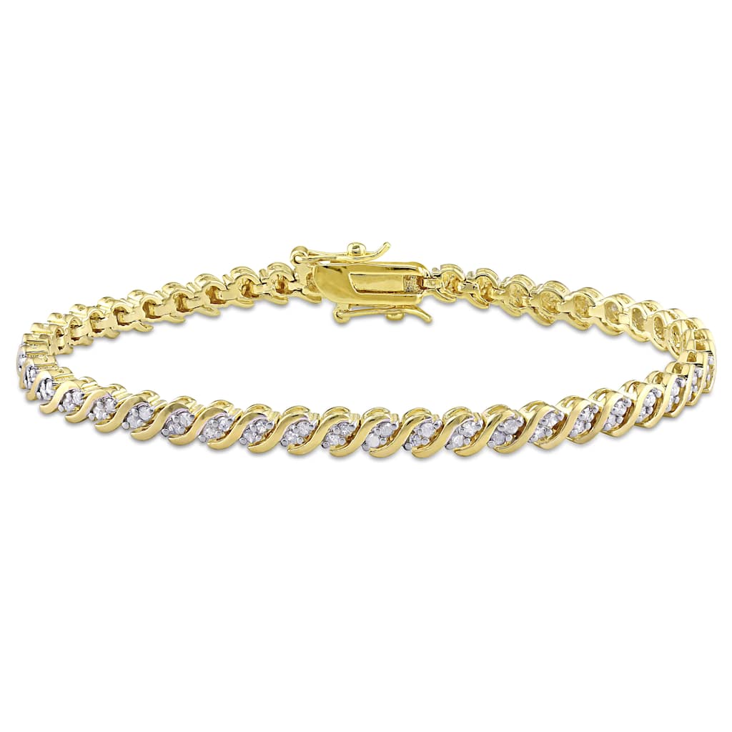 Miadora Yellow Plated Sterling Silver 1ct TDW Diamond Link Tennis Bracelet - White