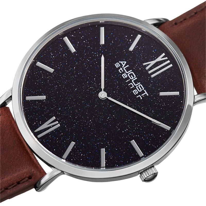 August Steiner Men's Quartz Easy-to-Read Silver-Tone Leather Strap Watch