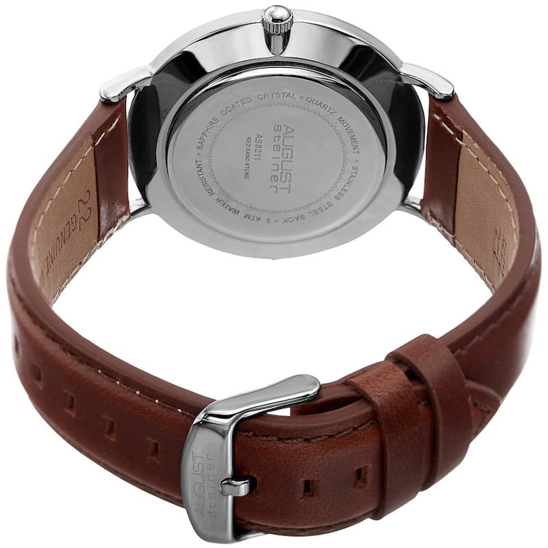 August Steiner Men's Quartz Easy-to-Read Silver-Tone Leather Strap Watch